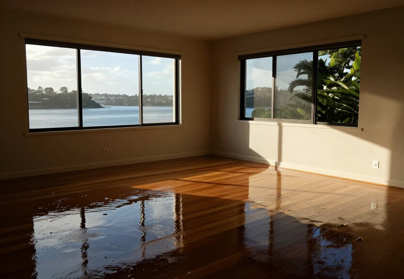 Flood-damaged living room in Kanahooka before restoration